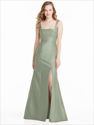 Sage green sleeveless square-neck maxi bridesmaid dress with front slit and flared hem