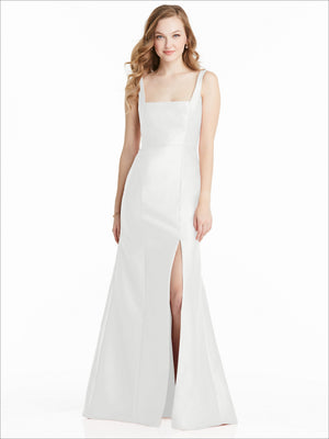 Sleeveless white bridesmaids dress with square neckline and front side slit