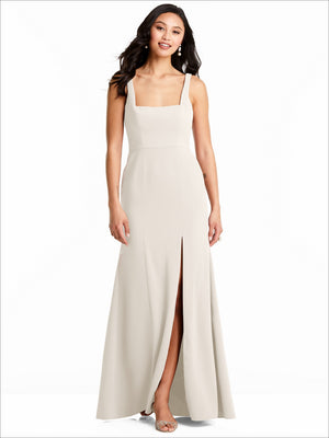 Floor-length light beige bridesmaid dress with square neckline, thin straps, and side slit.