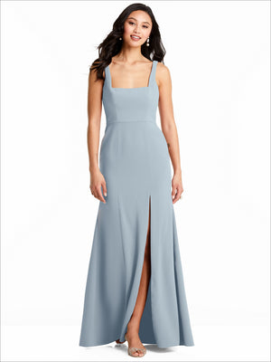 Powder blue sleeveless bridesmaid dress with square neckline and front slit skirt