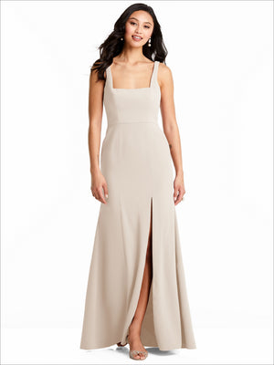 Ivory satin bridesmaid dress with square neckline, sleeveless fitted bodice, side slit