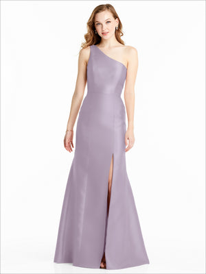 Lavender one-shoulder bridesmaid dress with fitted bodice, mermaid silhouette, and front slit