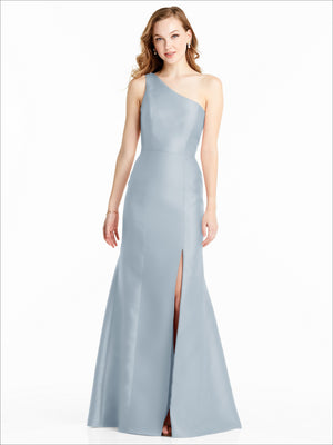 Periwinkle one-shoulder floor-length bridesmaid dress with front slit