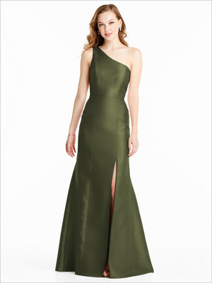 One-shoulder satin bridesmaid dress in olive green with fitted bodice and front slit skirt.
