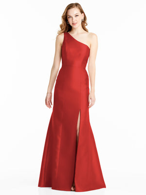 Red one-shoulder bridesmaid dress with fitted bodice, mermaid silhouette, and front slit