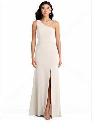 Ivory one-shoulder bridesmaid dress with thigh-high side slit, sleeveless