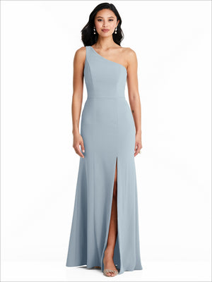 Powder blue one-shoulder bridesmaid dress with sleeveless bodice and side slit