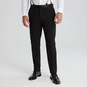 Men's black tuxedo trousers with center crease, side pockets, and belt loops