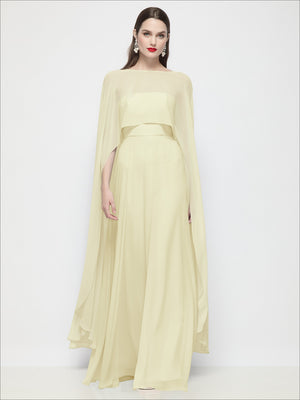 Sheer chiffon cape in pale yellow with high-low draped hem and flowing overlay