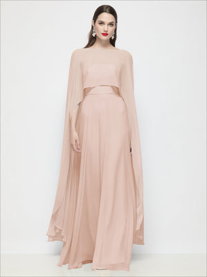 High-low sheer chiffon cape in blush pink, front view with billowy layered chiffon drape