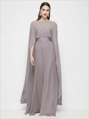 Dusty mauve sheer chiffon cape with wide drape sleeves and high-low hem over long dress