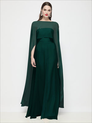 Sheer chiffon high-low cape in dark green, front view with long sleeves and flowing hem.