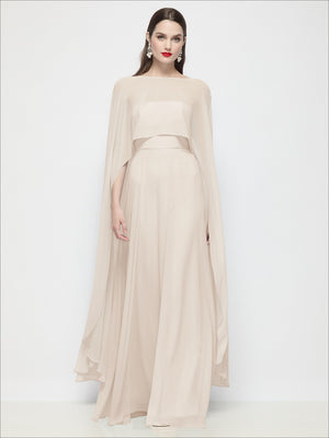 High-low sheer chiffon cape in pale champagne, front view with layered chiffon overlay