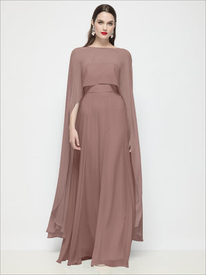 Dusty rose sheer chiffon cape with high-low hem and soft draped sleeves