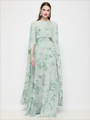 Sheer floral chiffon high-low cape, mint green floral pattern with draped sleeves