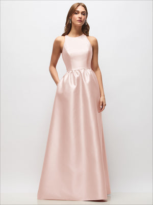 Blush pink sleeveless satin maxi dress with scoop neckline and gathered waist