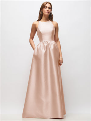 Light pink satin sleeveless maxi dress with crew neckline and gathered waist
