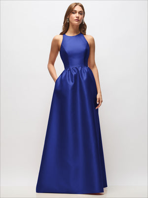 Cobalt blue sleeveless satin maxi dress with scoop neckline and gathered waist