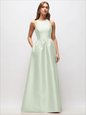 Mint green satin sleeveless maxi dress with crew neckline and gathered waist