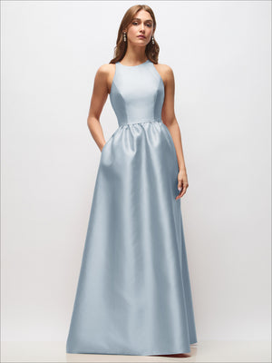 Sky-blue satin sleeveless maxi dress with gathered waist; high neckline; front view.