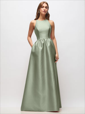 Sage green satin sleeveless maxi dress with keyhole back and gathered waist
