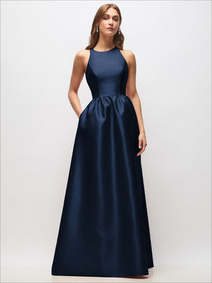 Deep navy satin sleeveless maxi dress with gathered waist and keyhole back; front view.