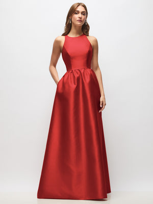 Red satin sleeveless maxi dress with scoop neckline and gathered waist skirt