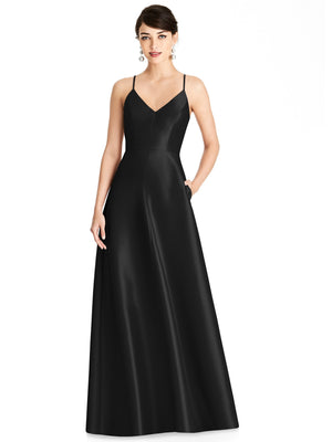 Black satin V-neck maxi dress with thin spaghetti straps and full A-line skirt