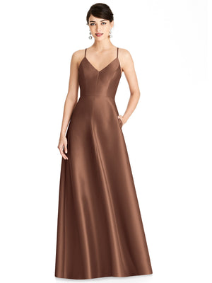Deep brown satin V-neck maxi dress with thin straps and full gathered skirt, front view