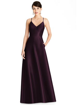 Deep plum satin V-neck maxi dress with thin straps and full skirt; front view