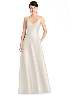 Ivory satin V-neck maxi dress with thin straps and full skirt, front view