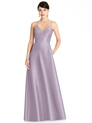 Lavender satin V-neck maxi dress with thin spaghetti straps and full A-line skirt