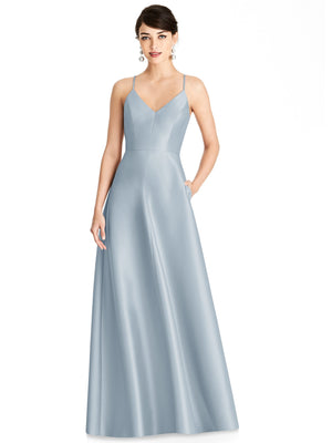 Light blue satin V-neck maxi dress with thin straps and full skirt; front view