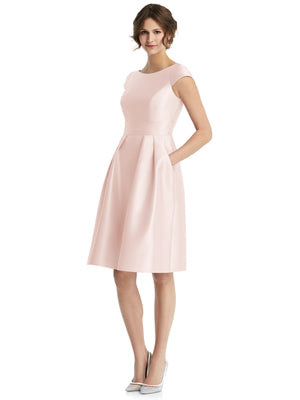 Blush pink cap-sleeve pleated cocktail dress with gathered waist and flared skirt