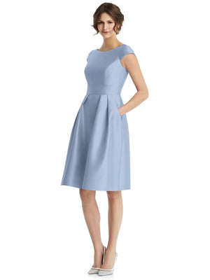 Cap-sleeve pleated cocktail dress with V-neck, fitted waist, knee length, sky blue.