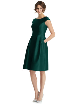 Cap-sleeve pleated cocktail dress with V-neck, fitted bodice, flared skirt in deep teal