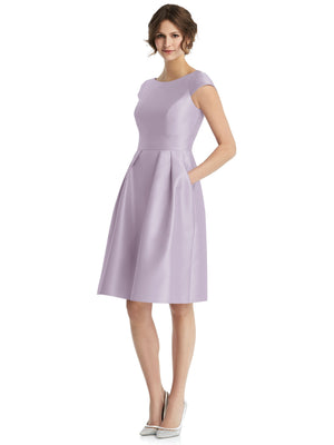 Lilac cap-sleeve pleated cocktail dress with fitted bodice and flared skirt