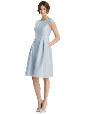 Cap-sleeve pleated cocktail dress in light blue, V-neck with pleated skirt