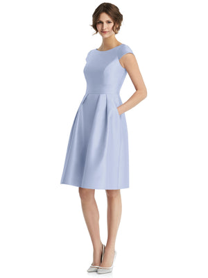 Cap-sleeve pleated cocktail dress with V-neck and gathered skirt, knee length, light blue.