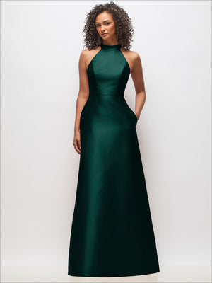 Dark green satin high-neck cutout back dress, front view with fitted bodice.