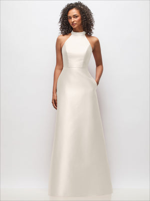 Ivory satin cutout high-neck dress with sleeveless bodice and long A-line skirt