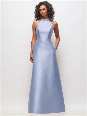 Powder blue satin high-neck cutout dress with sleeveless bodice and fitted waist