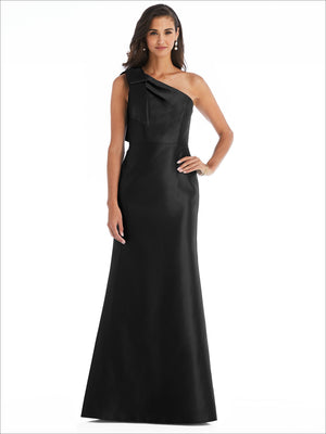 One-shoulder satin trumpet gown with bow, black, sleeveless, fitted bodice
