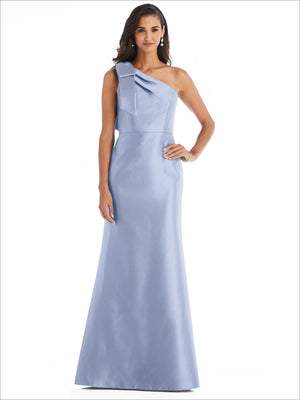 Powder blue one-shoulder satin trumpet gown with shoulder bow and fitted bodice