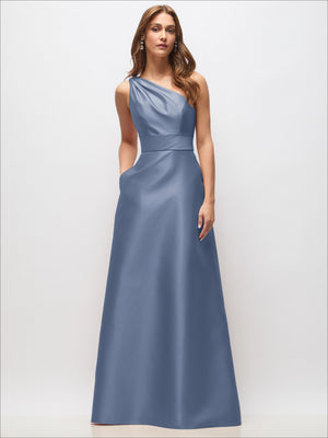 Blue one-shoulder satin maxi dress with draped bodice and fitted waist