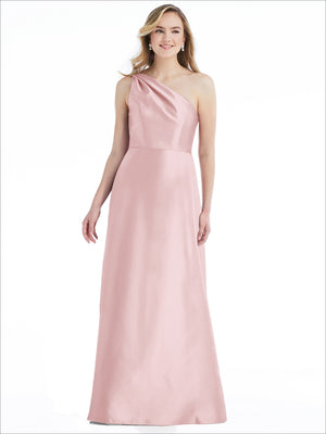 Blush one-shoulder satin maxi dress with pleated one-shoulder drape.