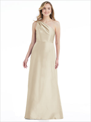 Champagne-beige one-shoulder satin maxi dress with draped pleats