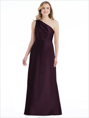 Burgundy satin one-shoulder maxi dress with draped neckline and pleated, flowing skirt
