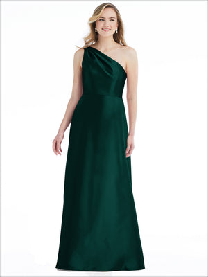 Deep green one-shoulder satin maxi dress with draped bodice and pleated skirt.