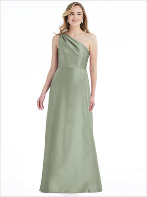 One-shoulder satin maxi dress in sage gray with pleated drape bodice, front